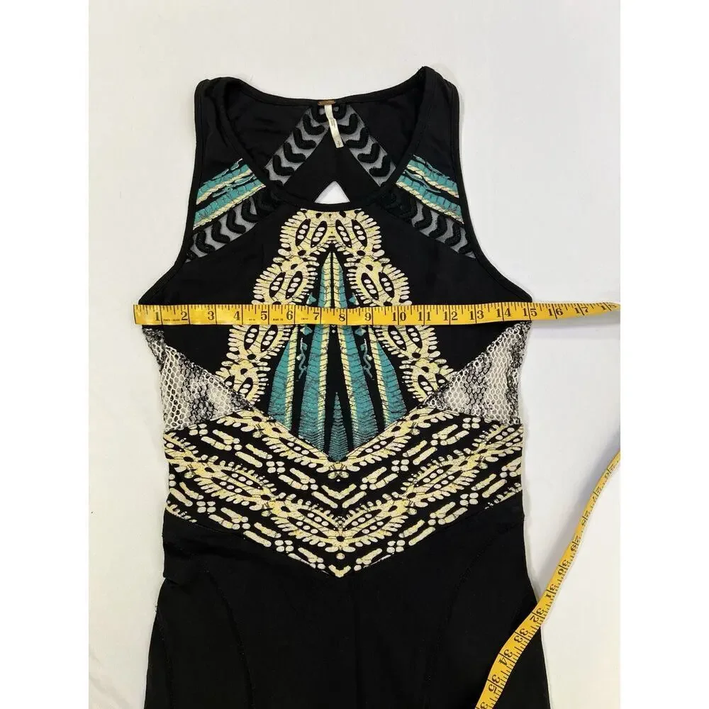 VTG Y2K Free People Short Fitted Stretch Cotton Dress Size S Black Boho‎ Aztec